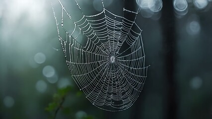 abstract eerie glowing white closeup of a spiderweb on misty background, bokeh background
