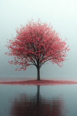 Poster - A misty morning scene with a lone tree shedding leaves, floating on a pastel background,