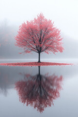 Poster - A misty morning scene with a lone tree shedding leaves, floating on a pastel background,