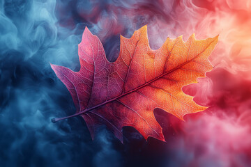 Poster - A vibrant oak leaf drifting down through the fog, isolated on a pastel surface,