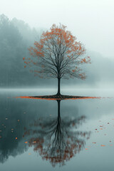 Poster - A misty morning scene with a lone tree shedding leaves, floating on a pastel background,