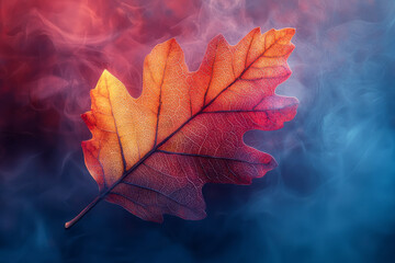 Poster - A vibrant oak leaf drifting down through the fog, isolated on a pastel surface,