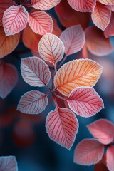 Poster - A close-up of frosted autumn leaves on the ground, floating on a pastel backdrop,
