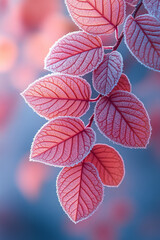 Poster - A close-up of frosted autumn leaves on the ground, floating on a pastel backdrop,