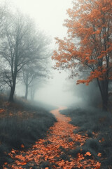 Fototapete - A fog-covered meadow with scattered autumn leaves, floating on a pastel surface,
