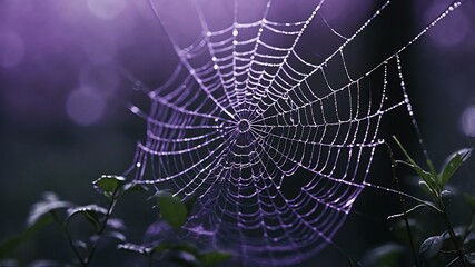 abstract eerie glowing purple closeup of a spiderweb on misty background, bokeh background