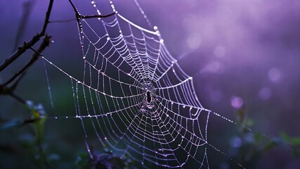 abstract eerie glowing purple closeup of a spiderweb on misty background, bokeh background