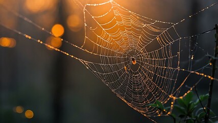 abstract eerie glowing orange closeup of a spiderweb on misty background, bokeh background
