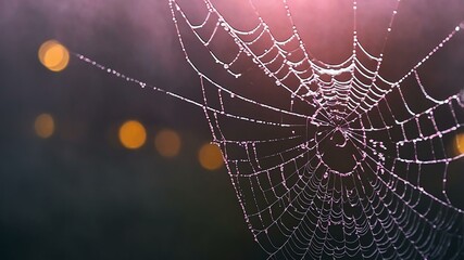 abstract eerie glowing pink closeup of a spiderweb on misty background, bokeh background