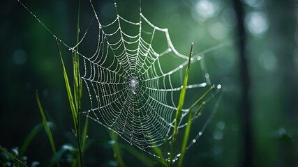 abstract eerie glowing green closeup of a spiderweb on misty background, bokeh background