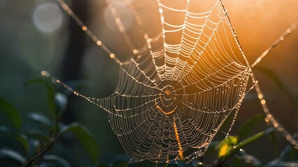 abstract eerie glowing orange closeup of a spiderweb on misty background, bokeh background