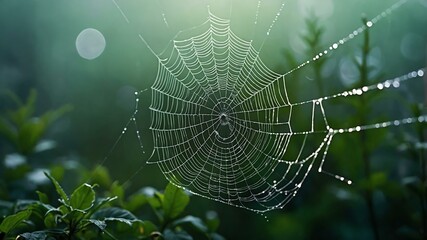 abstract eerie glowing green closeup of a spiderweb on misty background, bokeh background