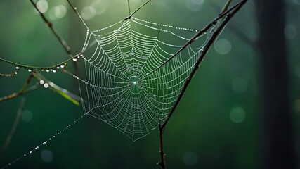 abstract eerie glowing green closeup of a spiderweb on misty background, bokeh background