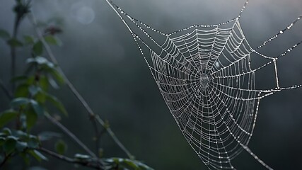 abstract eerie glowing gray closeup of a spiderweb on misty background, bokeh background