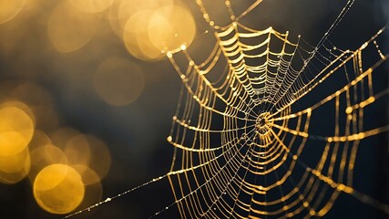 abstract eerie glowing gold closeup of a spiderweb on misty background, bokeh background