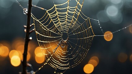 abstract eerie glowing gold closeup of a spiderweb on misty background, bokeh background