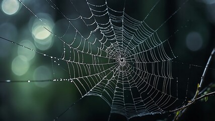 abstract eerie glowing black closeup of a spiderweb on misty background, bokeh background