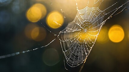 abstract eerie glowing yellow closeup of a spiderweb on misty background, bokeh background