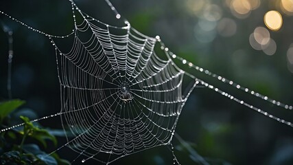 abstract eerie glowing black closeup of a spiderweb on misty background, bokeh background