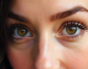 A close-up of a woman's eye with long eyelashes and a vibrant brown iris