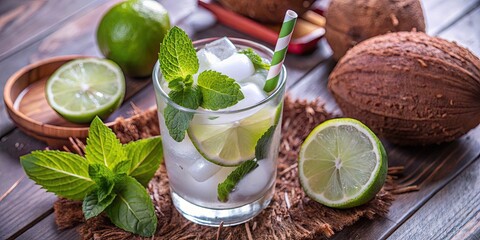 Poster - Refreshing mint cocktail with lime and ice.