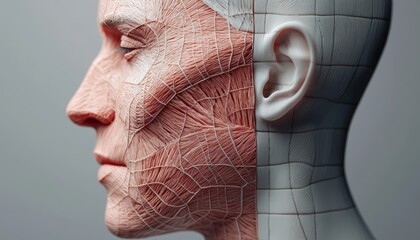 Detailed anatomical model of human face showcasing skin and muscle structure for educational purposes.