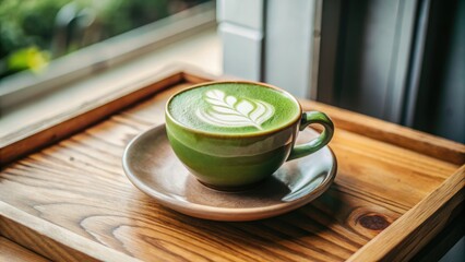 Sticker - Latte art in a green cup on a wooden window ledge.