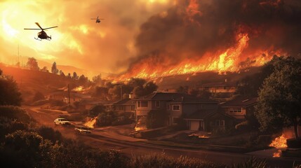 A wildfire rapidly approaching a suburban neighborhood, helicopters flying overhead battling the flames, houses in danger as the fire spreads, thick smoke in the sky, selective focus

