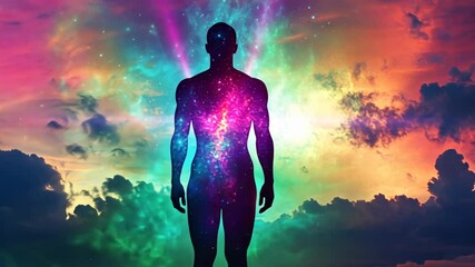 Wall Mural - a silhouette of a human figure stands against a colorful, celestial background, representing the int
