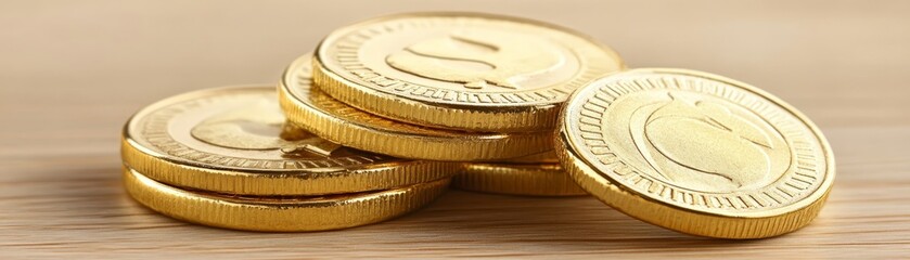 Close up of Shiny Gold Coins Stacked on Wood Surface