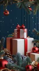 Wall Mural - festive christmas scene with elegantly wrapped gifts stacked beneath pine branches, adorned with red