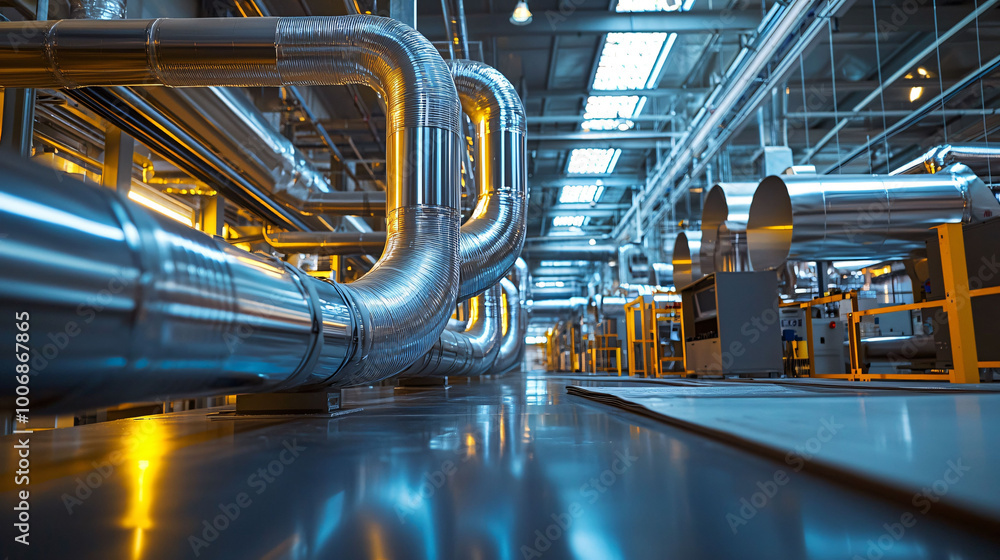 Modern industrial HVAC system with shiny metal ducts and pipes ...