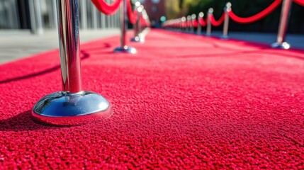 Elegant red carpet lined with red velvet ropes leads to a grand entrance, symbolizing exclusivity and prestige at a high-profile event.