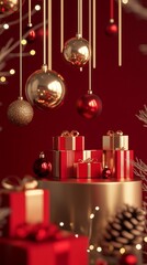 Wall Mural - festive holiday scene with shimmering ornaments, wrapped gifts, and pine cones against a rich red ba