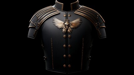 Imperial Eagle Cuirass: A majestic cuirass, adorned with an eagle emblem and intricate golden detailing, stands against a stark black backdrop. This 3D-rendered image is perfect for fantasy.