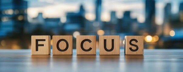 Focus concept with wooden blocks on blurred urban background.