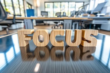 Wall Mural - wooden letters spelling out 'focus' on a reflective surface in an office setting.