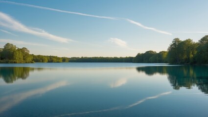 A serene lake scene with a clear blue surface and a white sky in the background.