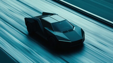 Futuristic black vehicle speeding on a sleek road with motion blur, representing advanced automotive design and innovation.