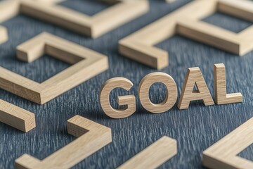 Wall Mural - wooden letters spelling goal on a textured surface with maze-like patterns.