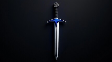 Steel and Sapphire: A gleaming silver sword with a sapphire gemstone hilt rests on a dark backdrop, emanating an air of power and mystery.