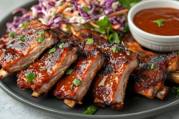 Ribs are on a plate with a side of coleslaw and barbecue sauce