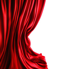 Flowing red velvet curtain on a white isolate background.