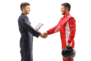 Canvas Print - Auto mechanic shaking hands with a car racer