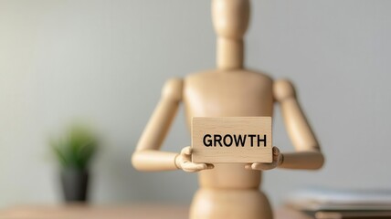 Wall Mural - wooden mannequin holding a card that says 'growth' on a blurred background.