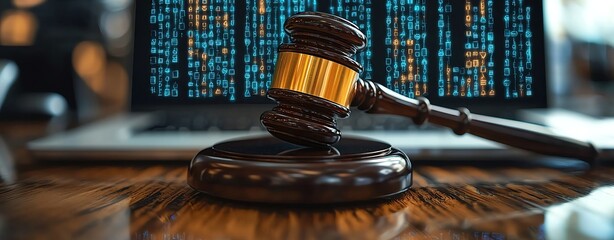AI and finance digital tasks automation concept background Gavel on desk, technology background