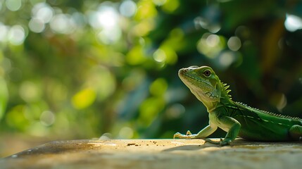 Canvas Print - A green iguana resting on a surface with a blurred natural background.