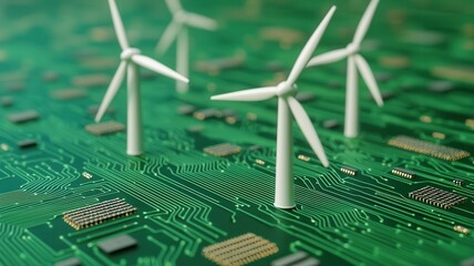 A digital landscape featuring mini wind turbines on a green circuit board, symbolizing the blend of technology and renewable energy.