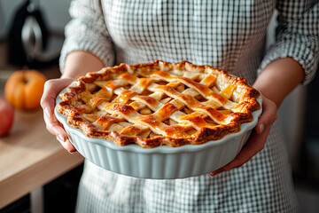 Wall Mural - Woman's hands holding a freshly made apple pie with her hands. Close up