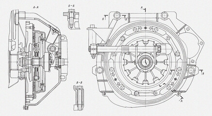 Wall Mural - clutch and wheel of car. engineering automotive mechanical drawing of steel device. industrial cad s